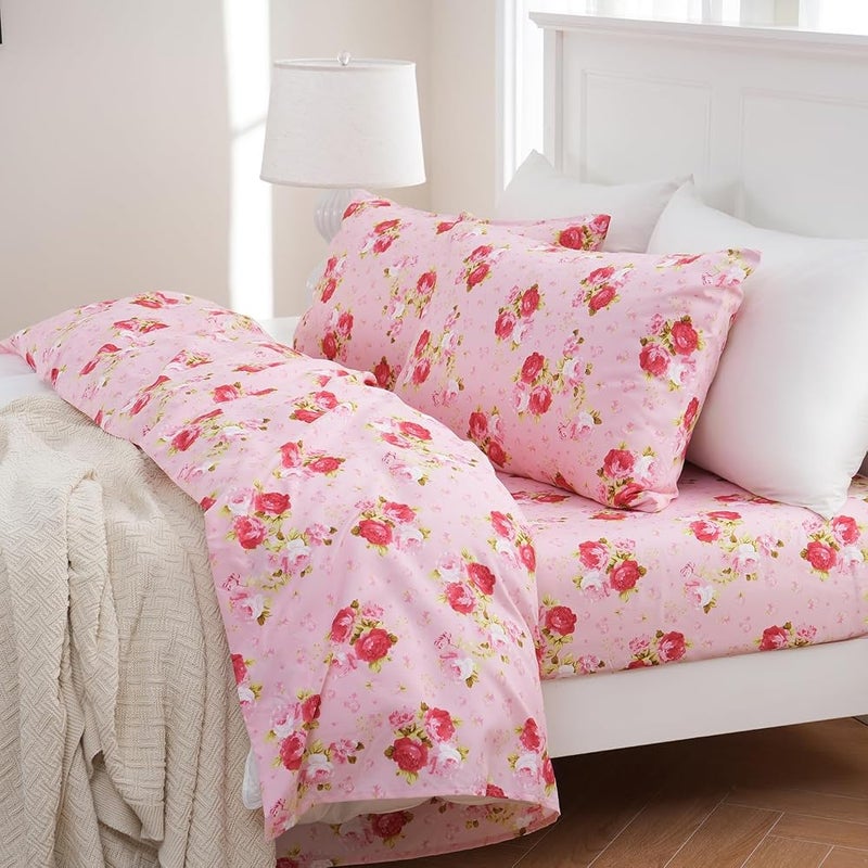 MEISHANG Full Sheets Set - Floral Sheets Full Ultra Soft Brushed Microfiber Floral Bed Sheets - Deep Pocket Up to 16" - Wrinkle Free - 4 Pieces (Full, Rose Flower) - Image 1