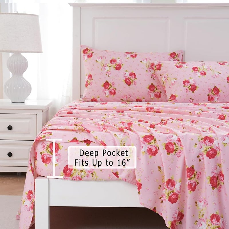 MEISHANG Full Sheets Set - Floral Sheets Full Ultra Soft Brushed Microfiber Floral Bed Sheets - Deep Pocket Up to 16" - Wrinkle Free - 4 Pieces (Full, Rose Flower) - Image 2