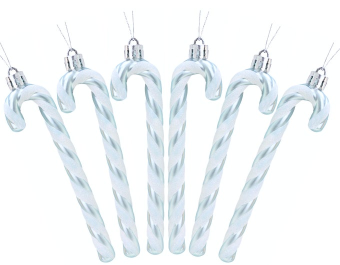 PACK OF 6130MM 53 GLITTER CANDY CANE CHRISTMAS TREE DECORATIONS ICE BLUE WHITE