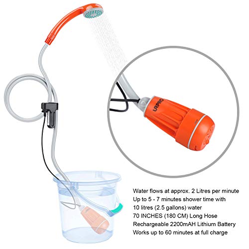 URPRO Portable Camping Shower, Outdoor Shower Head, Shower Pump, Detachable USB Rechargeable Batteries, Pumps Water from Bucket, for Camping, Hiking, Pet Cleaning, Pet Shower, Car Washing - Image 2