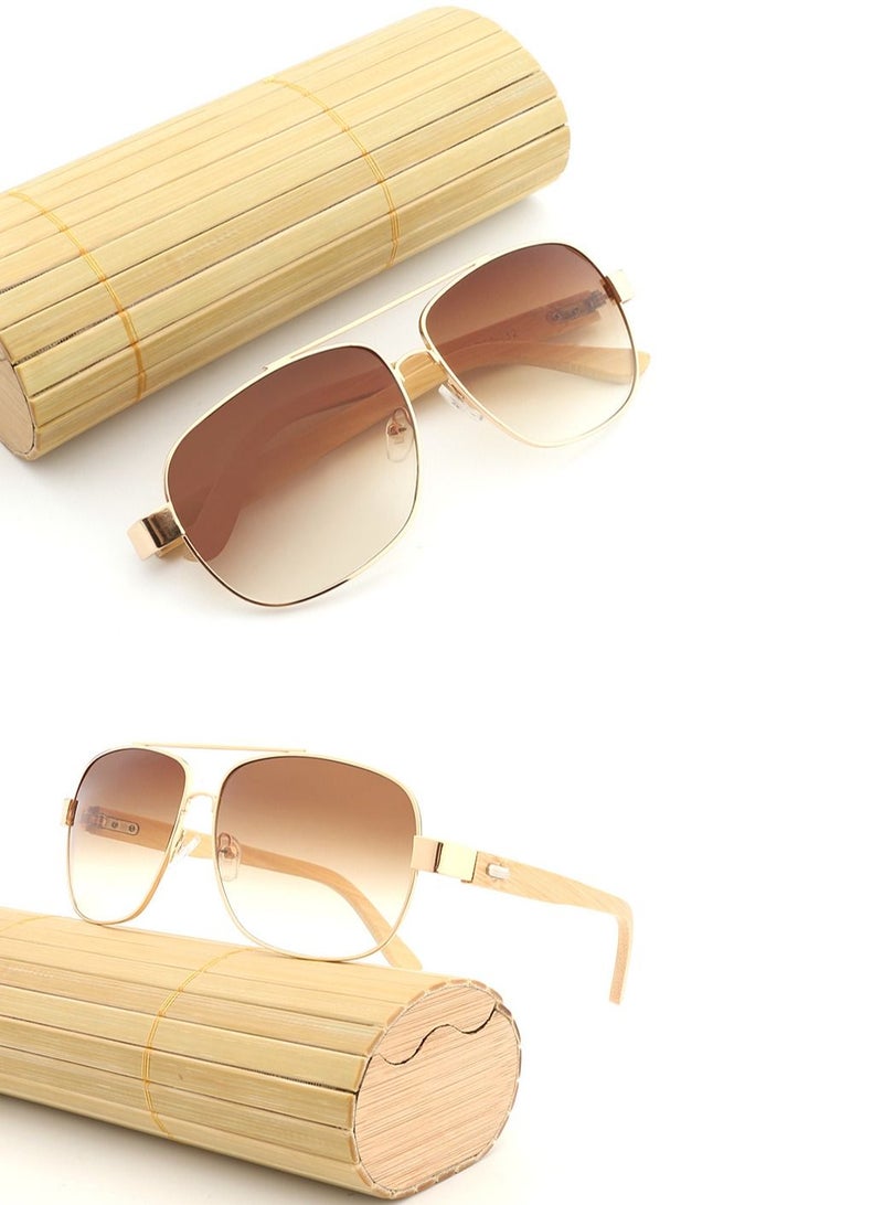 HDCRAFTER Metal Nose Bridge Square Full Frame Bamboo Foot Pilot Sunglasses