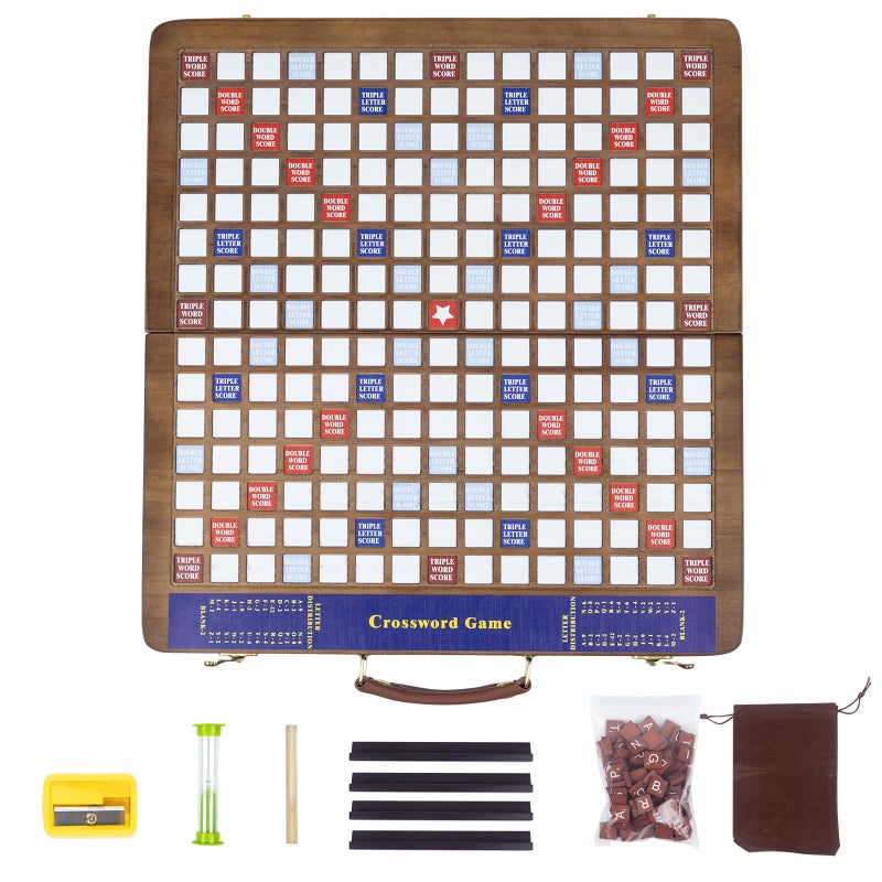 MrCarbon Wooden Folding Crossword Board Game â€“ Word Game Set with 100 Letter Tiles, Sand Timer, Pencil, Racks & Bag â€“ Portable Wooden Game for Adults & Family - Image 1