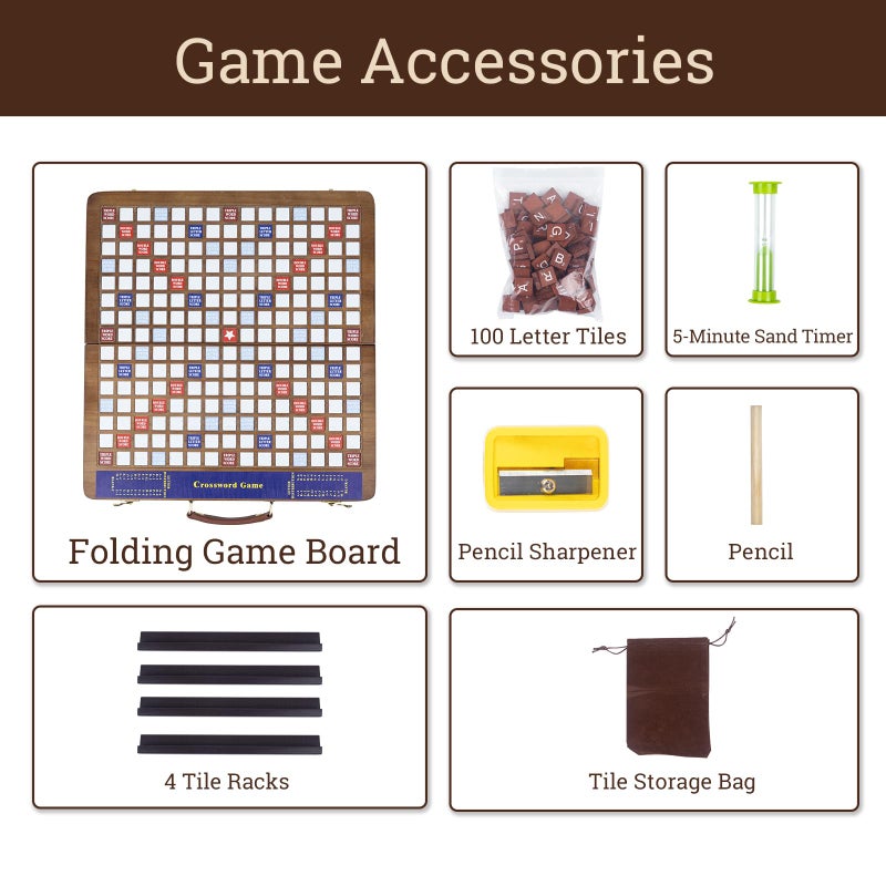 MrCarbon Wooden Folding Crossword Board Game â€“ Word Game Set with 100 Letter Tiles, Sand Timer, Pencil, Racks & Bag â€“ Portable Wooden Game for Adults & Family - Image 4