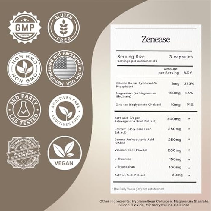 Zen Principle Zenease Sleep Support with Magnesium Glycinate, Ashwagandha KSM-66®, Saffron, L-Theanine & GABA – No Melatonin, Natural Stress Relief & Sleep Aid. 90 Capsules - Image 2