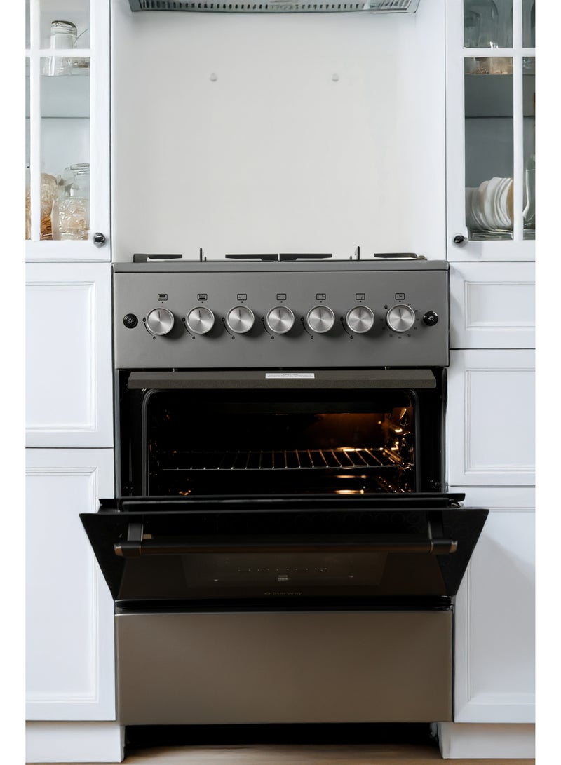 جنرال جولدن موقد غاز 4 شعلات، 57x57cm، حامل عريض شديد التحمل، احتراق تلقائي، أمان تام، شواية دجاج، مؤقت، فرن تسخين لأعلى ولأسفل، سطح سهل التنظيف - Image 1