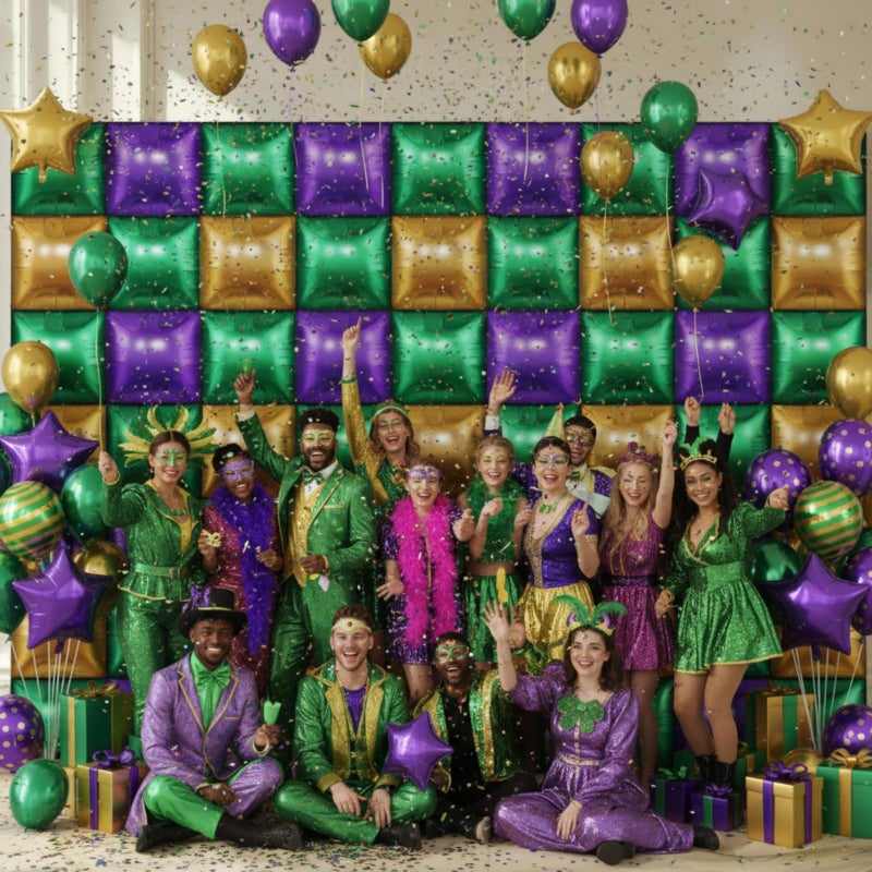 Charnoel 50 Pcs Mardi Gras Party Decor Double Sided Square Foil Balloons Wall Backdrop 19'' Purple Green Gold Foil Balloon Tunnel Arch Garland Kit for Fat Tuesday New Orleans Carnival Masquerade Party - Image 4