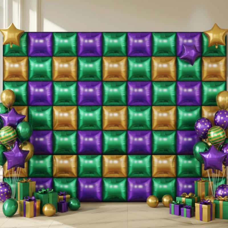 Charnoel 50 Pcs Mardi Gras Party Decor Double Sided Square Foil Balloons Wall Backdrop 19'' Purple Green Gold Foil Balloon Tunnel Arch Garland Kit for Fat Tuesday New Orleans Carnival Masquerade Party - Image 1