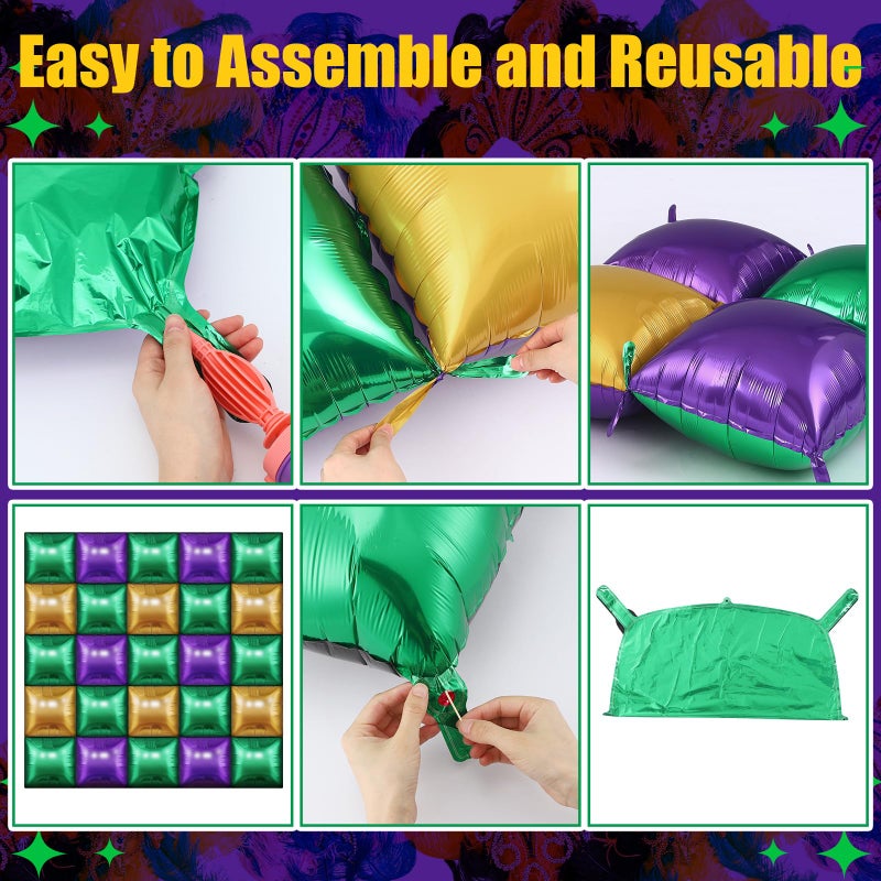 Charnoel 50 Pcs Mardi Gras Party Decor Double Sided Square Foil Balloons Wall Backdrop 19'' Purple Green Gold Foil Balloon Tunnel Arch Garland Kit for Fat Tuesday New Orleans Carnival Masquerade Party - Image 3