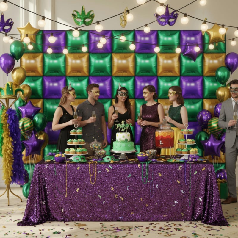 Charnoel 50 Pcs Mardi Gras Party Decor Double Sided Square Foil Balloons Wall Backdrop 19'' Purple Green Gold Foil Balloon Tunnel Arch Garland Kit for Fat Tuesday New Orleans Carnival Masquerade Party - Image 5