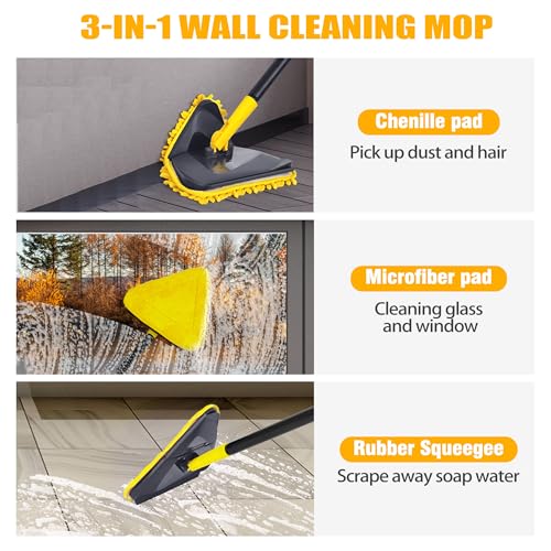 TRENNCHI Newly Upgraded Wall Mop with 82 Inches Long Handle, 180° Folding Wall Cleaner Triangle Mop with Squeegee, 3-in-1 Ceiling Cleaning Tool with 6 Replacement Pads for Wall, Baseboards, Ceiling, Floor - Image 4