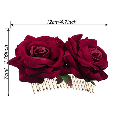 Bememo 2 Pack Women Rose Flower Hair Clip Rose Side Combs Flamenco Flowers Day of The Dead Costumes Mexican Hair Accessories for Wedding Party Mother's Day(Dark Red) - Image 5