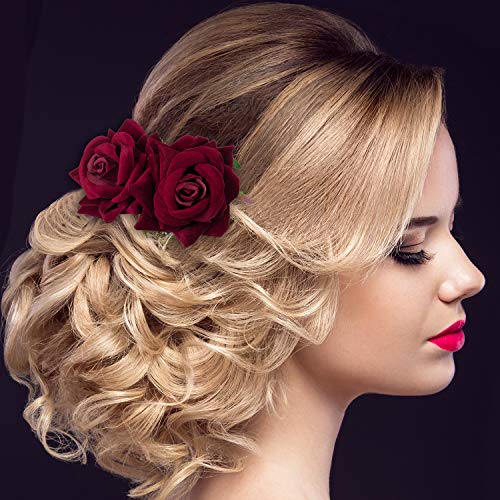 Bememo 2 Pack Women Rose Flower Hair Clip Rose Side Combs Flamenco Flowers Day of The Dead Costumes Mexican Hair Accessories for Wedding Party Mother's Day(Dark Red) - Image 2