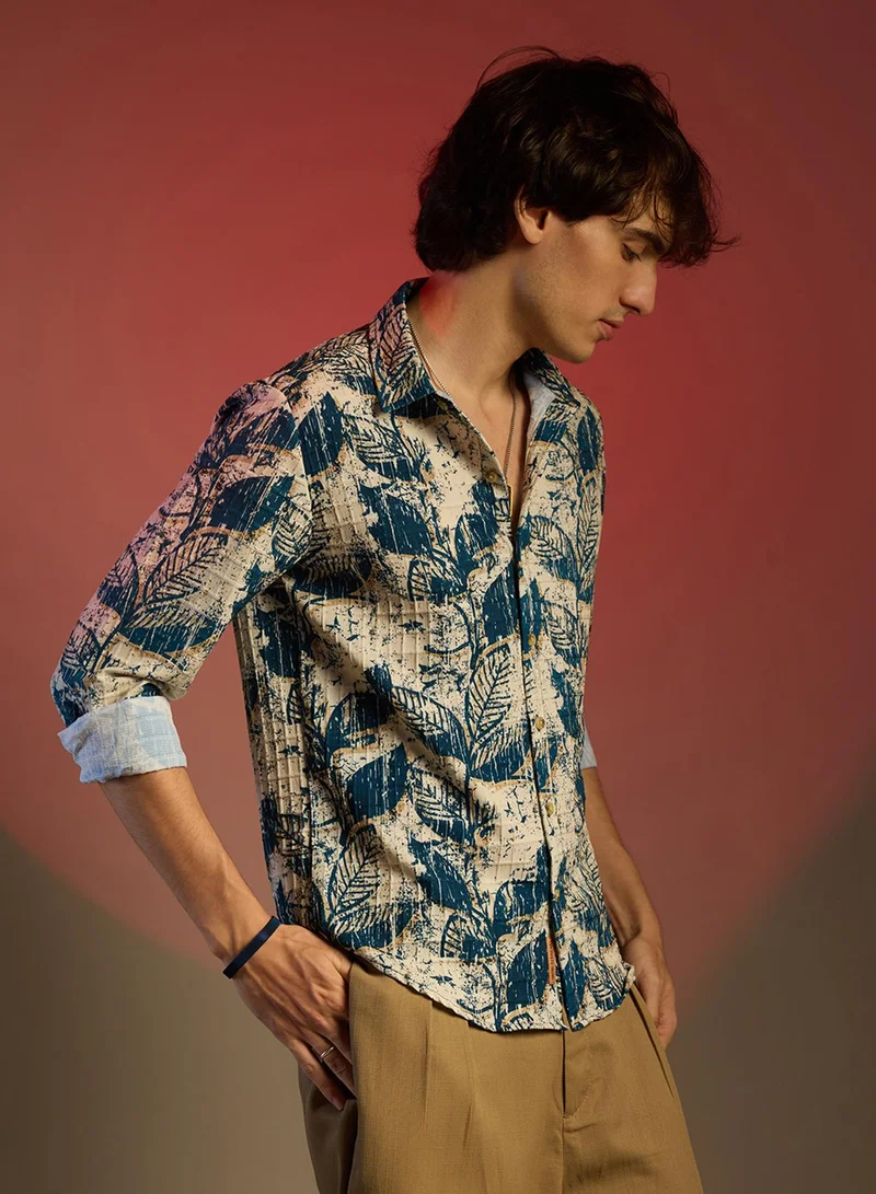 Campus Sutra Men's Ivory White & Indigo Blue Foliage-Waffle Shirt