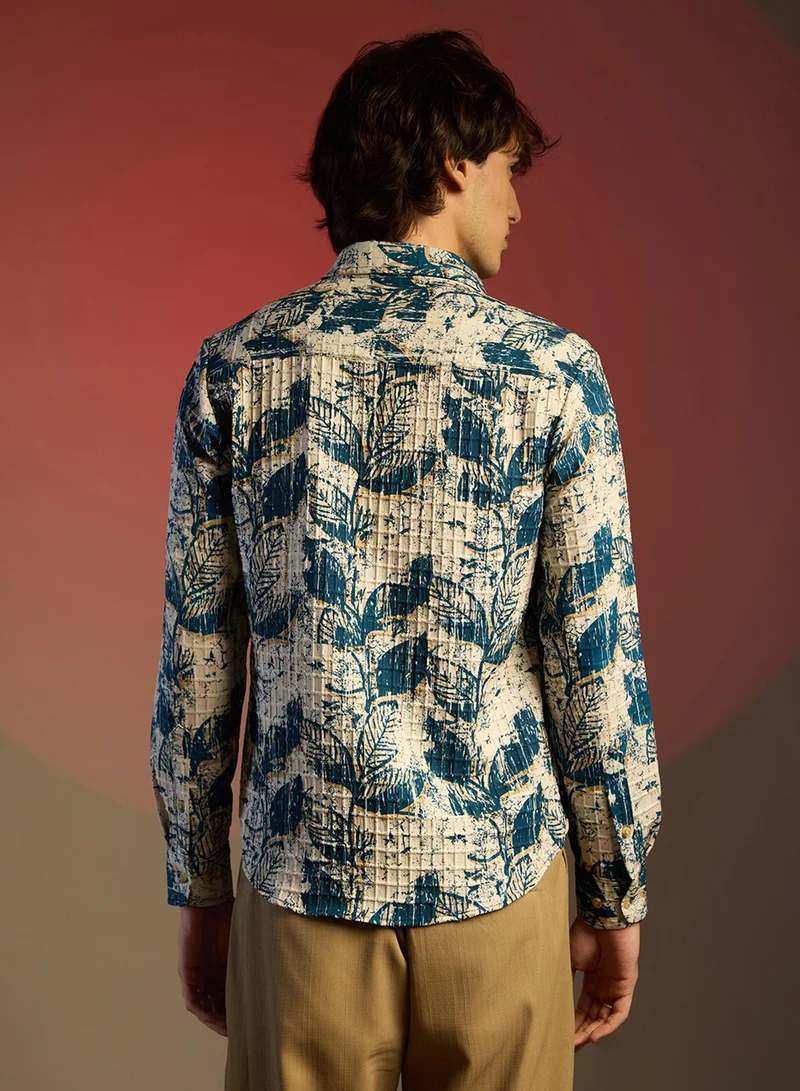 Campus Sutra Men's Ivory White & Indigo Blue Foliage-Waffle Shirt