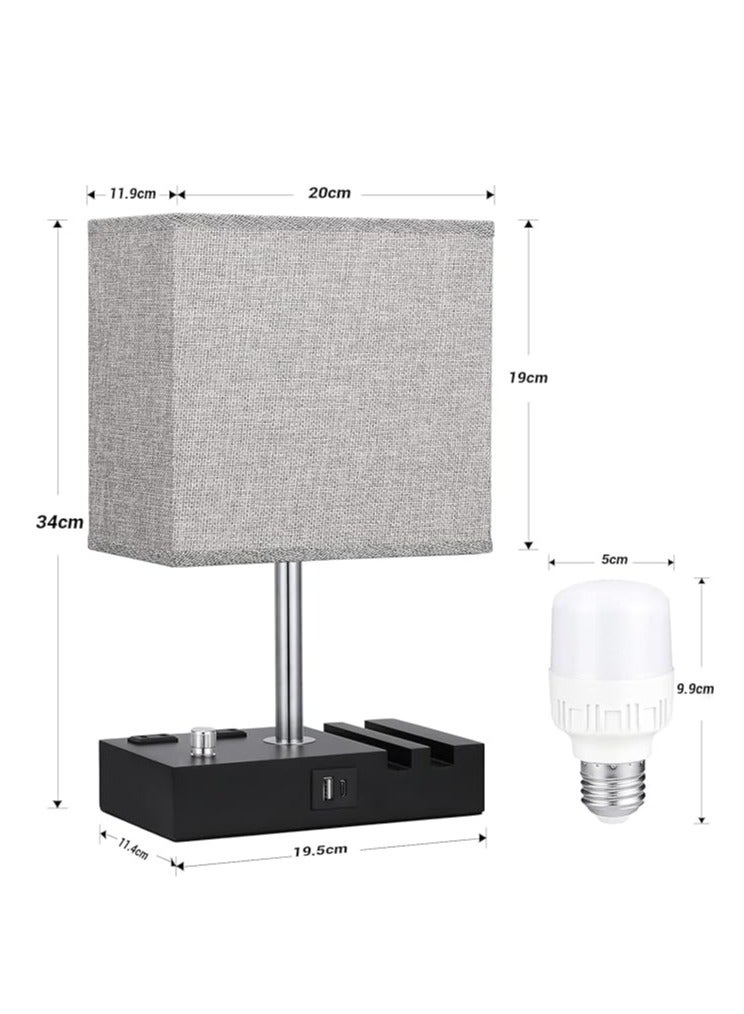 DUNISO مصباح طاولة جانبية قابل للتعتيم بالكامل لغرفة النوم مع منافذ USB C، مصباح طاولة صغير رمادي مع مآخذ شحن وحوامل هواتف، مصباح خشبي لمكتب غرفة المعيشة، لمبة LED مشمولة - Image 3