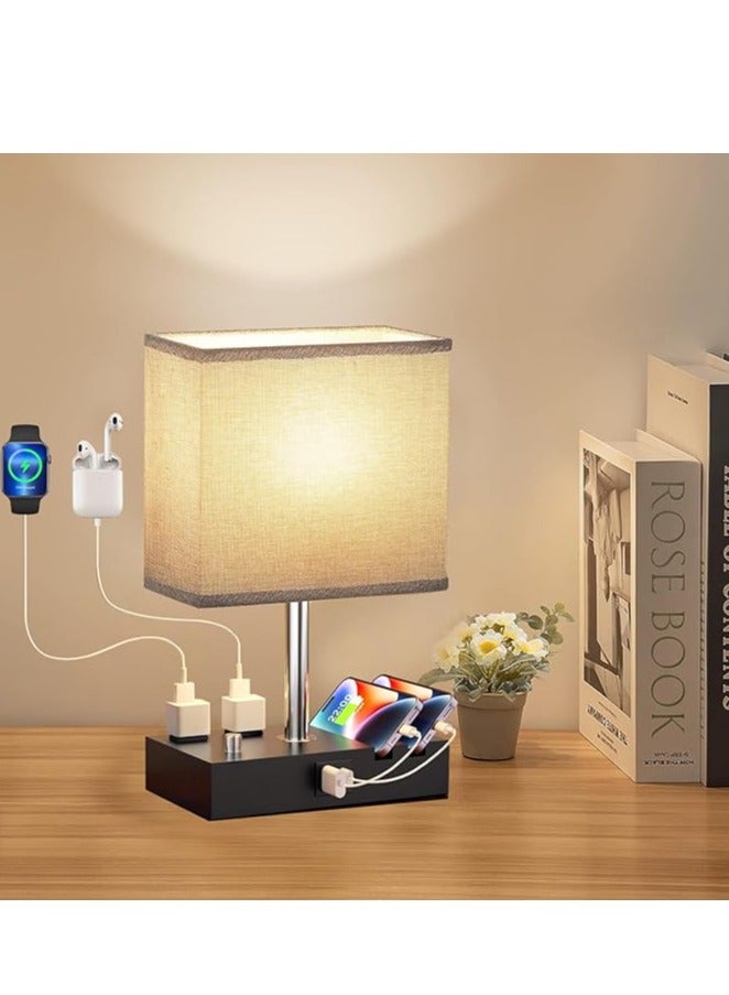 DUNISO مصباح طاولة جانبية قابل للتعتيم بالكامل لغرفة النوم مع منافذ USB C، مصباح طاولة صغير رمادي مع مآخذ شحن وحوامل هواتف، مصباح خشبي لمكتب غرفة المعيشة، لمبة LED مشمولة - Image 2