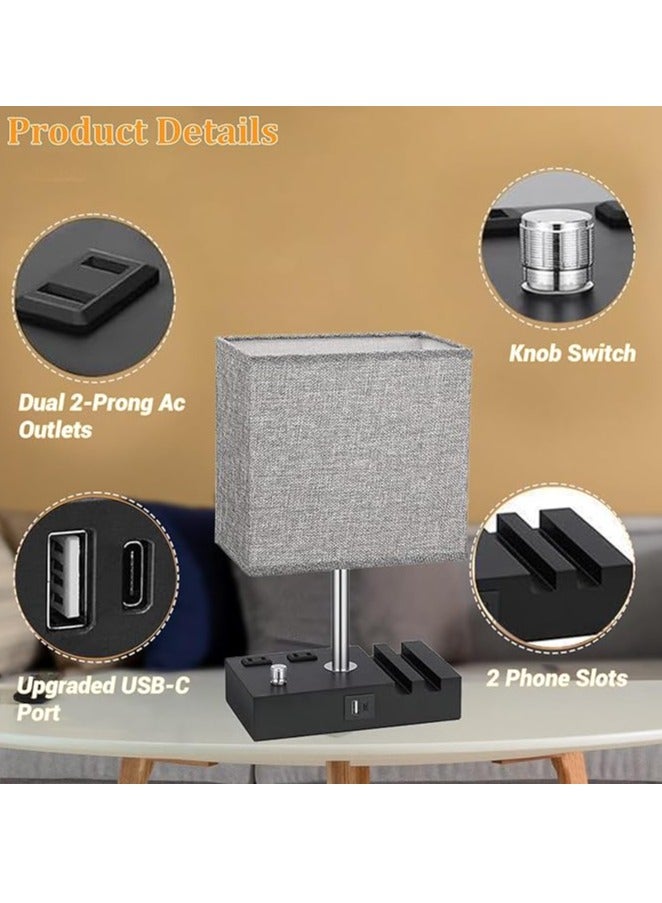 DUNISO مصباح طاولة جانبية قابل للتعتيم بالكامل لغرفة النوم مع منافذ USB C، مصباح طاولة صغير رمادي مع مآخذ شحن وحوامل هواتف، مصباح خشبي لمكتب غرفة المعيشة، لمبة LED مشمولة - Image 4