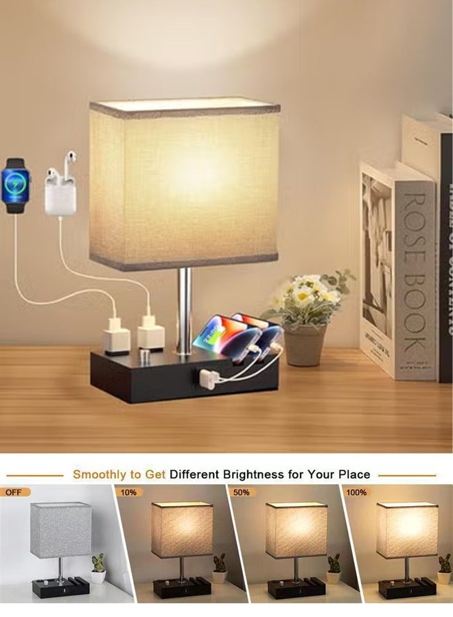 DUNISO مصباح طاولة جانبية قابل للتعتيم بالكامل لغرفة النوم مع منافذ USB C، مصباح طاولة صغير رمادي مع مآخذ شحن وحوامل هواتف، مصباح خشبي لمكتب غرفة المعيشة، لمبة LED مشمولة - Image 1