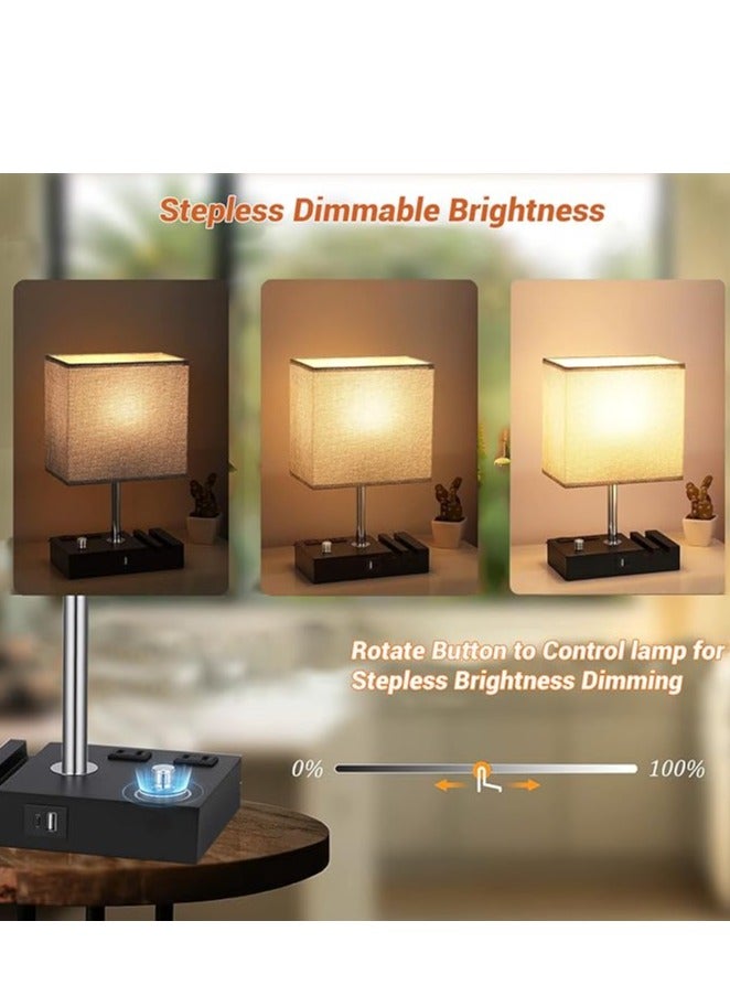 DUNISO مصباح طاولة جانبية قابل للتعتيم بالكامل لغرفة النوم مع منافذ USB C، مصباح طاولة صغير رمادي مع مآخذ شحن وحوامل هواتف، مصباح خشبي لمكتب غرفة المعيشة، لمبة LED مشمولة - Image 5