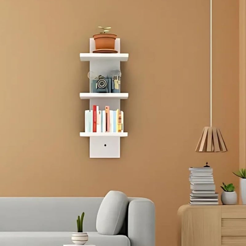 Flux flux Wooden Wall Shelves for Living Room Home Decor Items Floating Book Rack for Study Room, Office, Kitchen Mounted Shelves Vertical Design for Living Room (Mini Three Tier Shelf Without hook, White)  - Image 1