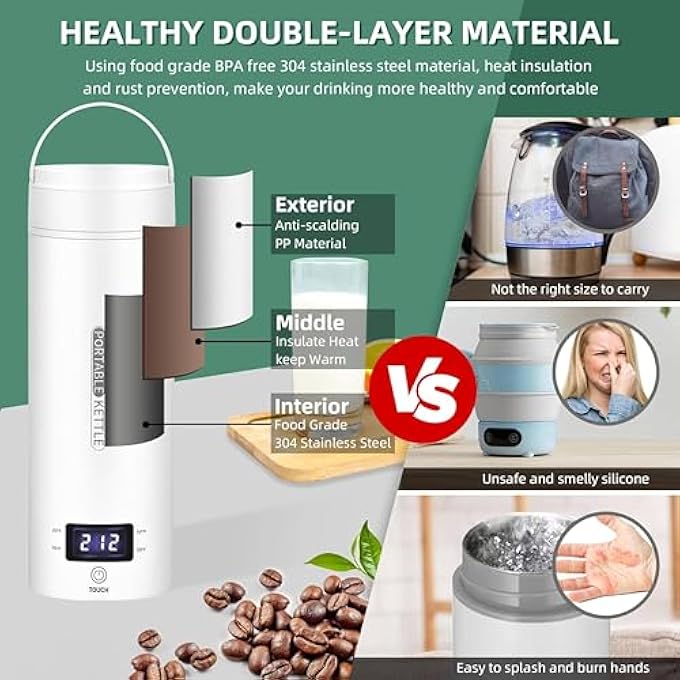 Vurtboly Portable Electric Kettle For Travel 500Ml Large Tea Coffee Kettle Water Boiler Water Heater With 4 Temperature Control304 Stainless Steel With Auto ShutOff  Boil Dry Protection BpaFree - Image 5