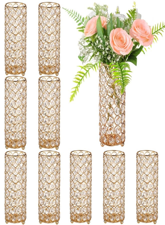 Homaisson 10 PCS Golden Crystal Flower Vases, Metal Cylinder Centerpiece Candle Holders, Hollow Diamond Design Vase for Wedding Table Decor, Candlelight, Banquet Decoration - Image 1