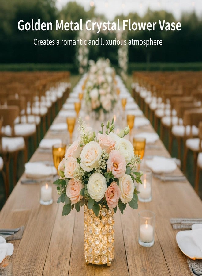 Homaisson 10 PCS Golden Crystal Flower Vases, Metal Cylinder Centerpiece Candle Holders, Hollow Diamond Design Vase for Wedding Table Decor, Candlelight, Banquet Decoration - Image 2
