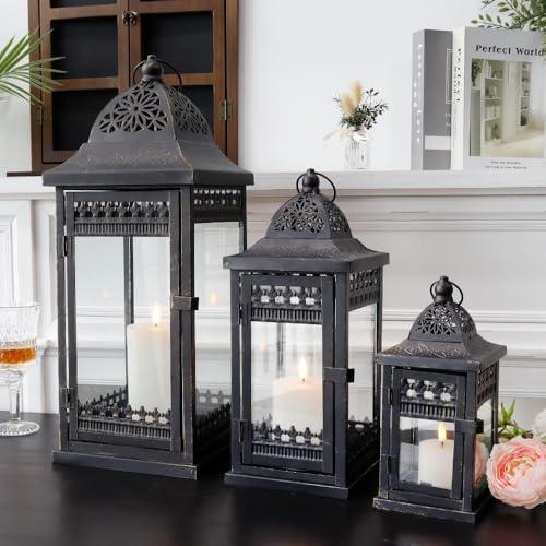 JHY DESIGN Set of 3 Decorative Candle Lanterns20&14.5"&9.5" High Vintage Style Hanging Lantern, Metal Candleholder for Indoor Outdoor, Events, Parities and Weddings（Black with Gold Brush） - Image 2