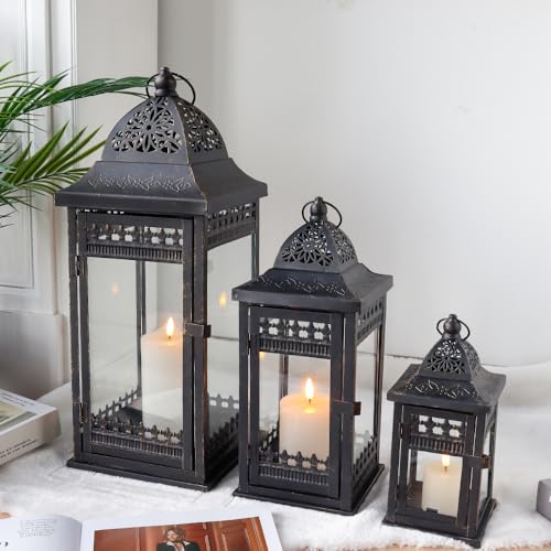 JHY DESIGN Set of 3 Decorative Candle Lanterns20&14.5"&9.5" High Vintage Style Hanging Lantern, Metal Candleholder for Indoor Outdoor, Events, Parities and Weddings（Black with Gold Brush） - Image 3