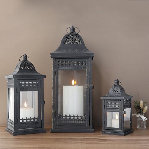 JHY DESIGN Set of 3 Decorative Candle Lanterns20&14.5"&9.5" High Vintage Style Hanging Lantern, Metal Candleholder for Indoor Outdoor, Events, Parities and Weddings（Black with Gold Brush） - Image 5