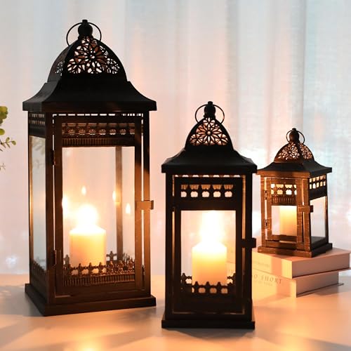 JHY DESIGN Set of 3 Decorative Candle Lanterns20&14.5"&9.5" High Vintage Style Hanging Lantern, Metal Candleholder for Indoor Outdoor, Events, Parities and Weddings（Black with Gold Brush） - Image 1