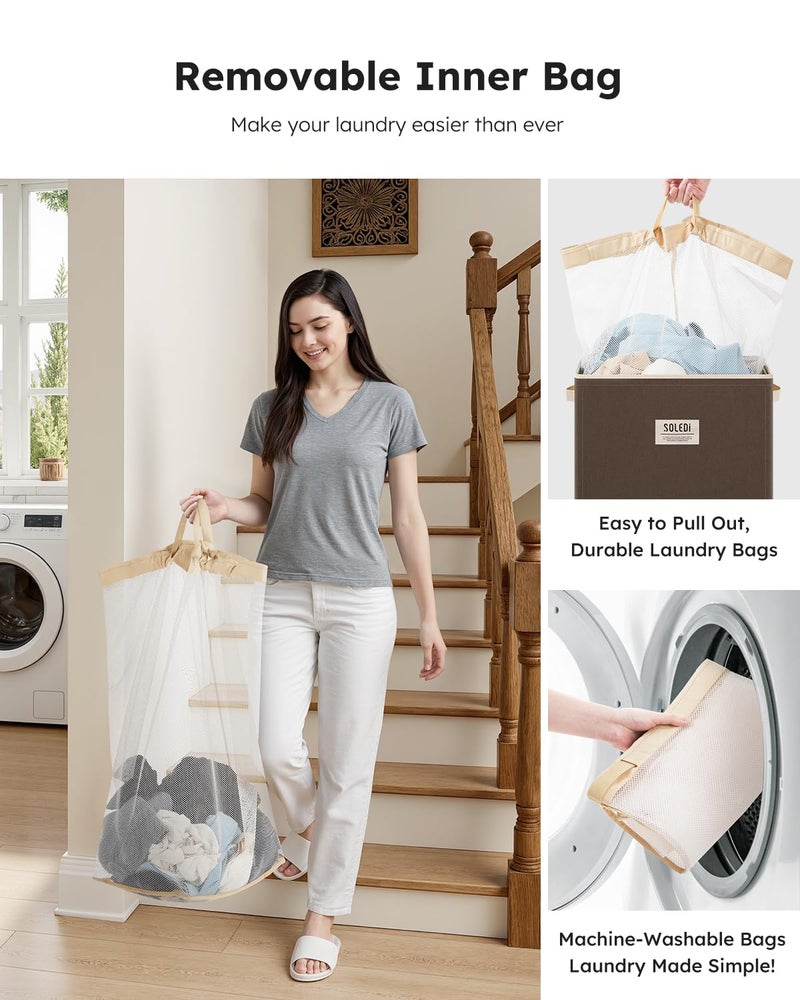 SOLEDI Laundry Hamper with Lid 100L Large & Tall Collapsible Laundry Basket, Clothes Hamper with Bag Removable Easy to Carry, Dirty Hampers for Bedroom, Bathroom, Dorm, College, Chocolate - Image 5