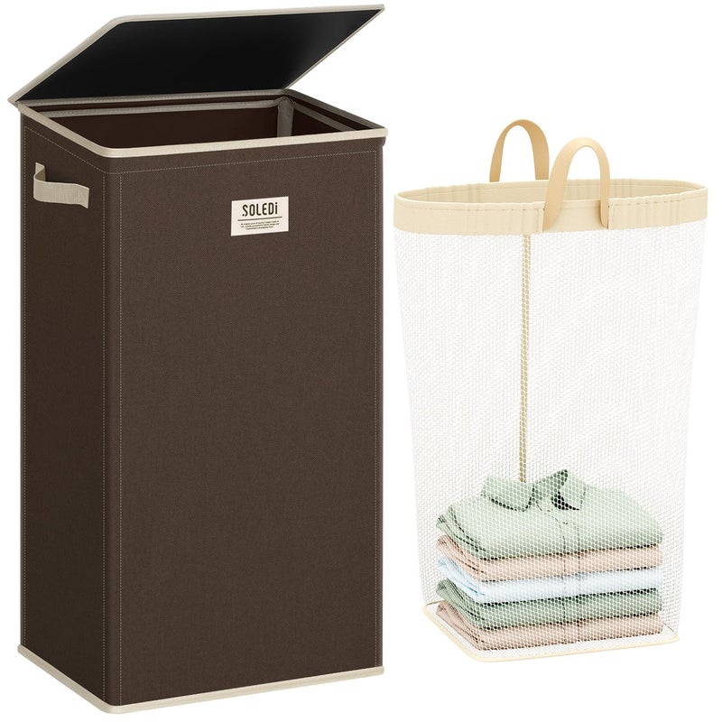 SOLEDI Laundry Hamper with Lid 100L Large & Tall Collapsible Laundry Basket, Clothes Hamper with Bag Removable Easy to Carry, Dirty Hampers for Bedroom, Bathroom, Dorm, College, Chocolate - Image 1