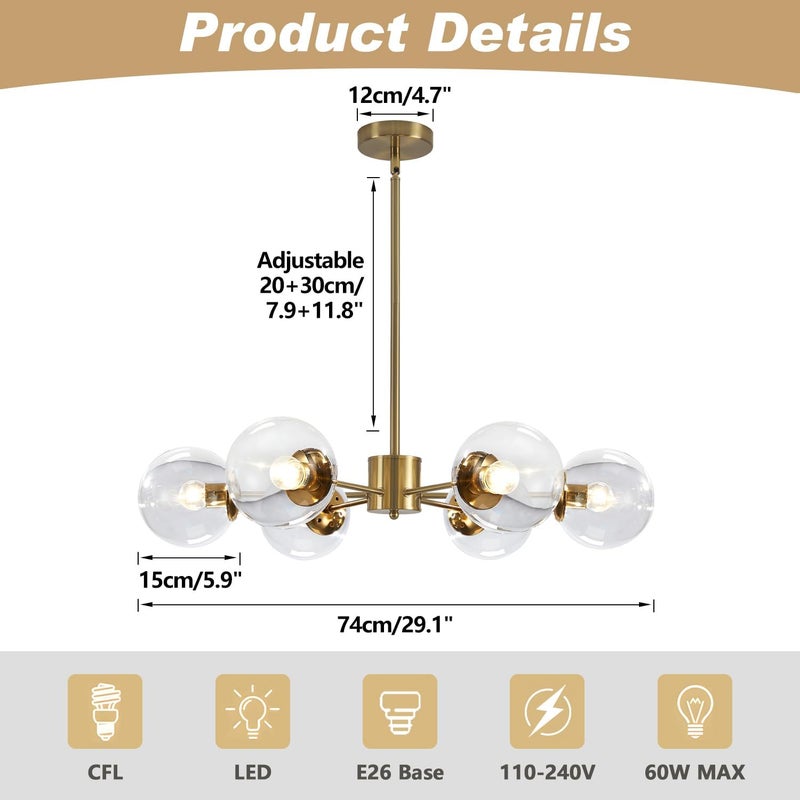 KCO Lighting Bubble Glass Chandelier - 6 Light Modern Sputnik Ceiling Fixture in Brass Gold - Image 2