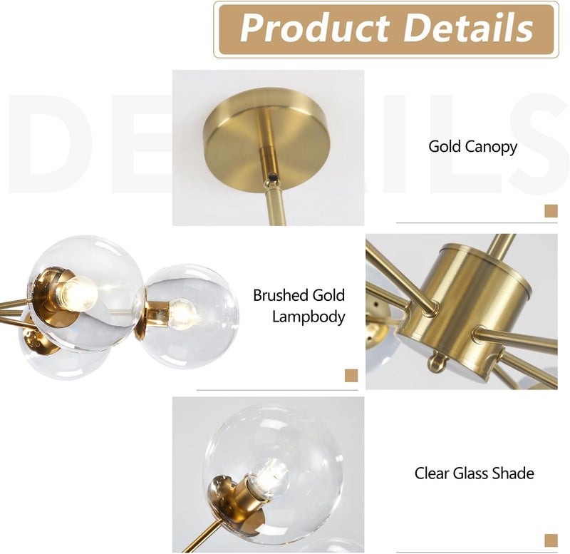 KCO Lighting Bubble Glass Chandelier - 6 Light Modern Sputnik Ceiling Fixture in Brass Gold - Image 3