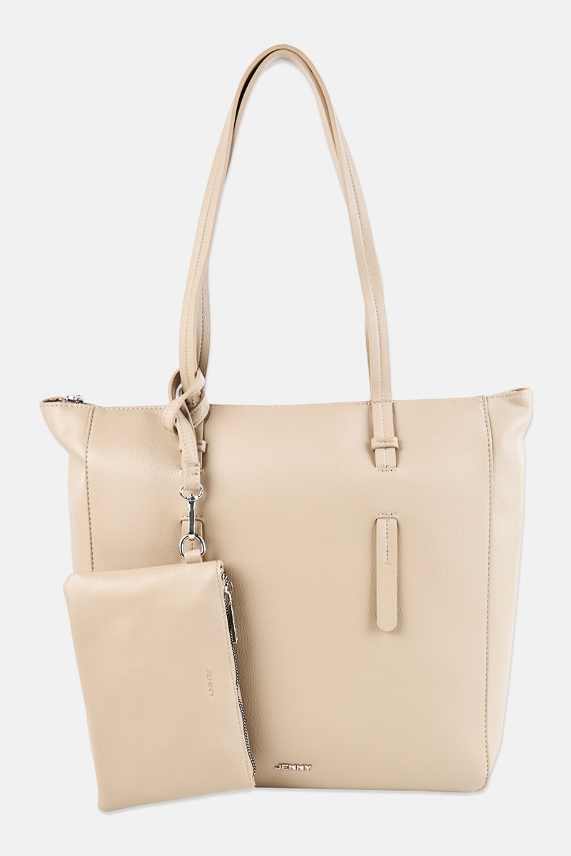 Jenny Women 2 Pieces Brand Logo Tote Bag And Pouch Bag, Beige - Image 1
