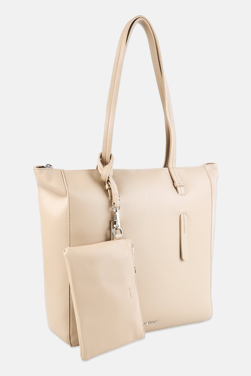 Jenny Women 2 Pieces Brand Logo Tote Bag And Pouch Bag, Beige - Image 2