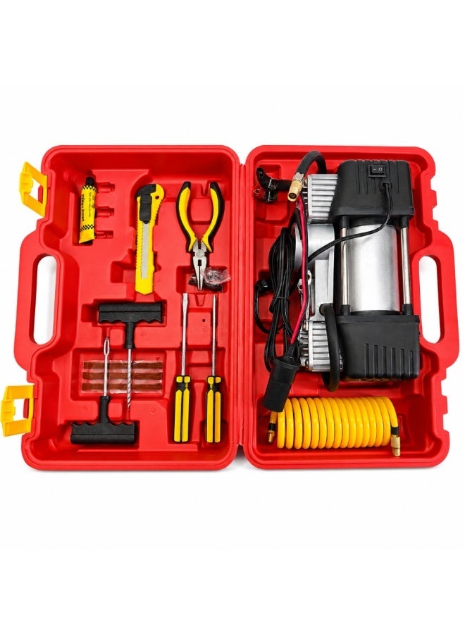2 Cylinder 12V DC Portable Air Compressor Kit with Tyre Puncture Repair Tools for Cars, Motorcycles & Inflatables - Image 1