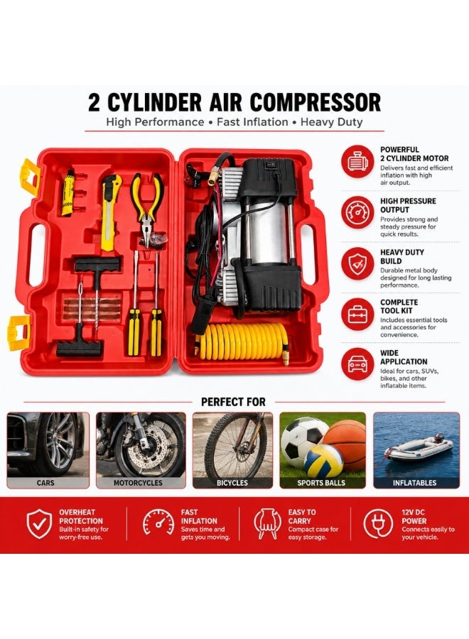 2 Cylinder 12V DC Portable Air Compressor Kit with Tyre Puncture Repair Tools for Cars, Motorcycles & Inflatables - Image 2
