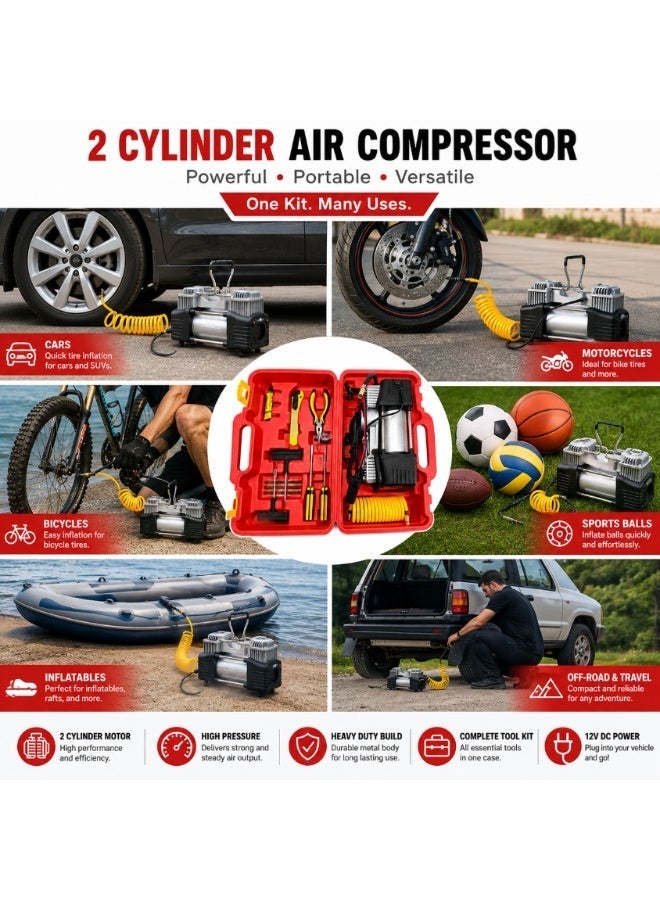 2 Cylinder 12V DC Portable Air Compressor Kit with Tyre Puncture Repair Tools for Cars, Motorcycles & Inflatables - Image 3