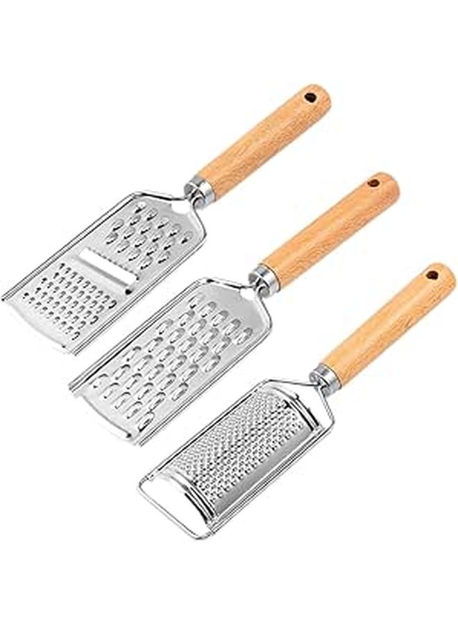 3pcs Stainless Steel Kitchen Graters With Wooden Handles For Vegetable Cheese Slicing Shredding - Image 1
