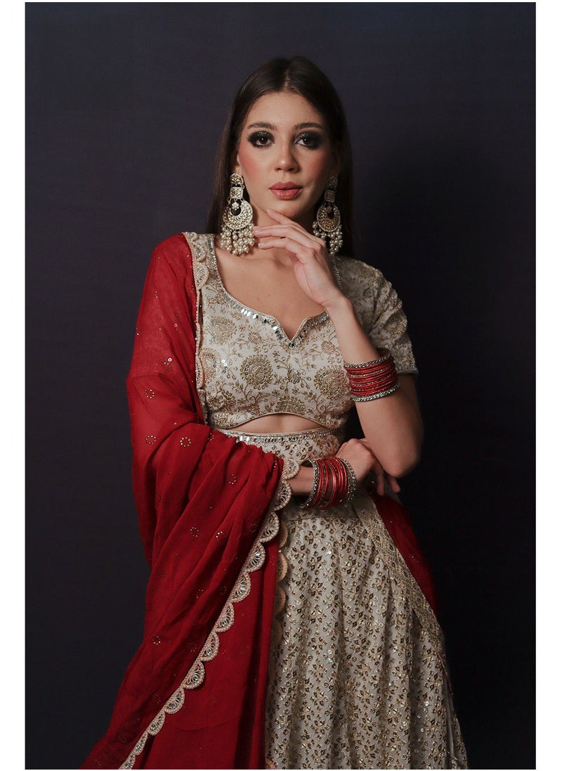 Fashion & Lifestyle - Embroided Mirror work Lehenga With Red Lace border dupatta - Image 1