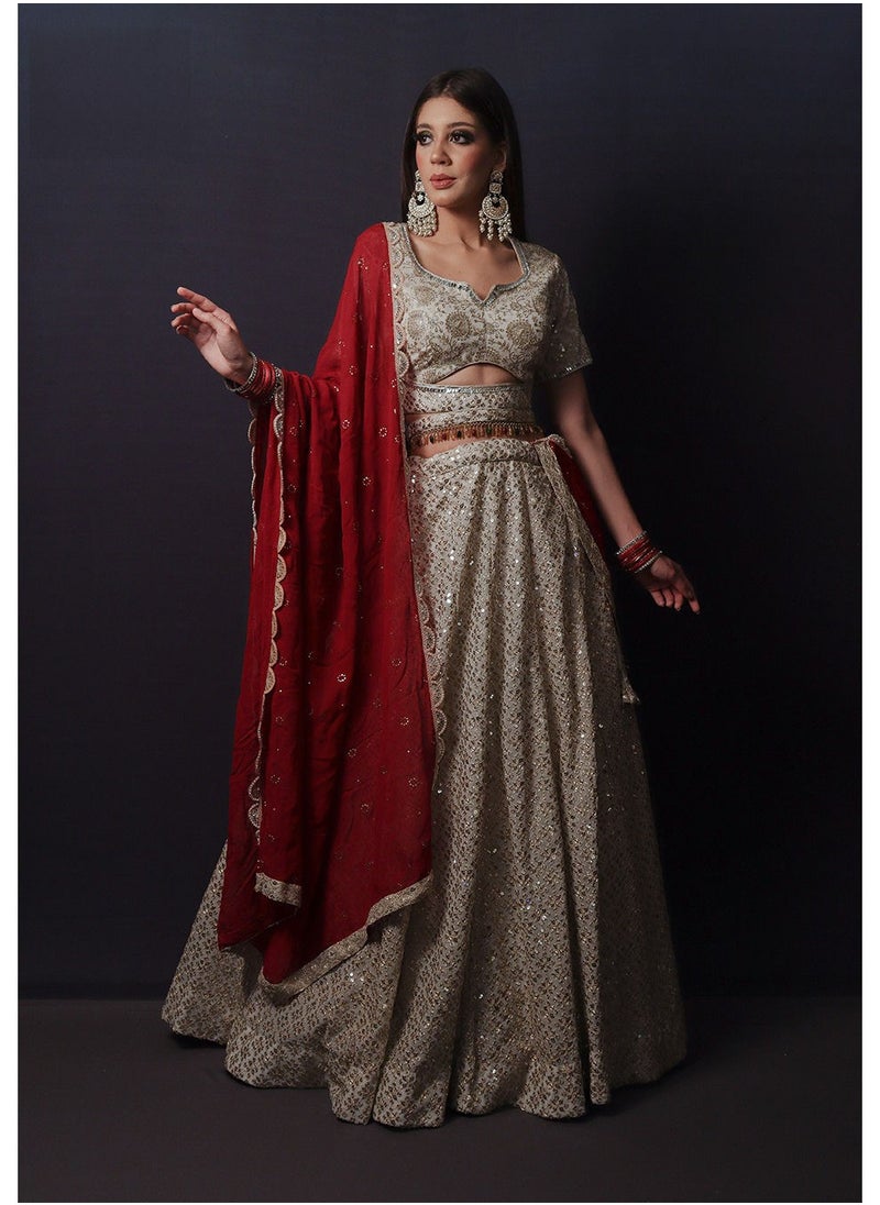 Fashion & Lifestyle - Embroided Mirror work Lehenga With Red Lace border dupatta - Image 1