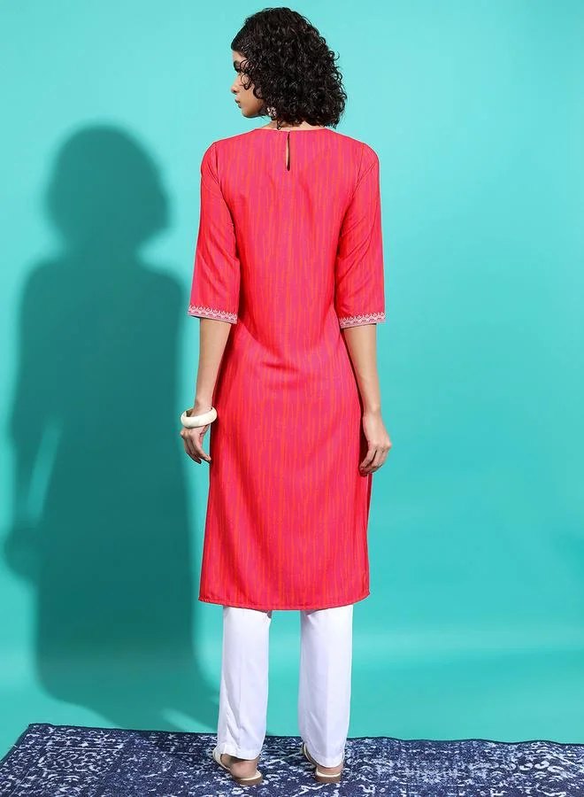 Vishudh Vishudh Red Geometric Yoke Design Thread Work Kurta