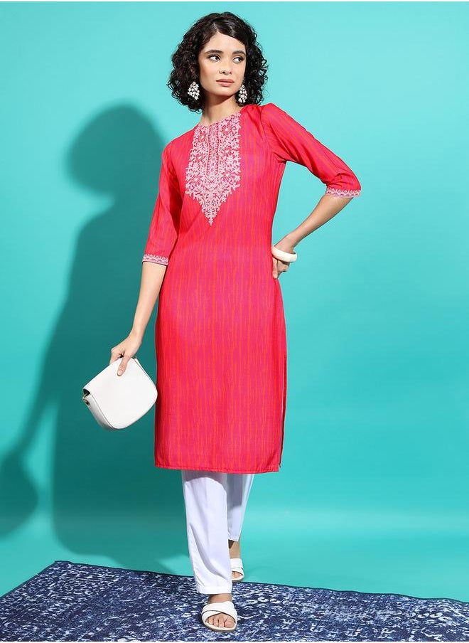 Vishudh Red Geometric Yoke Design Thread Work Kurta by Styli  - Image 1
