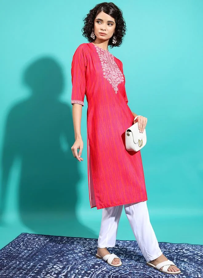 Vishudh Vishudh Red Geometric Yoke Design Thread Work Kurta