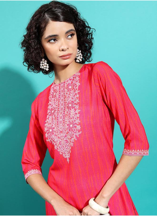 Vishudh Red Geometric Yoke Design Thread Work Kurta by Styli  - Image 2