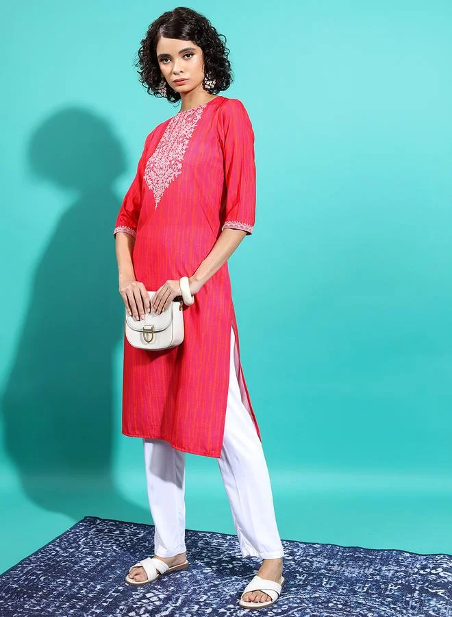 Vishudh Vishudh Red Geometric Yoke Design Thread Work Kurta