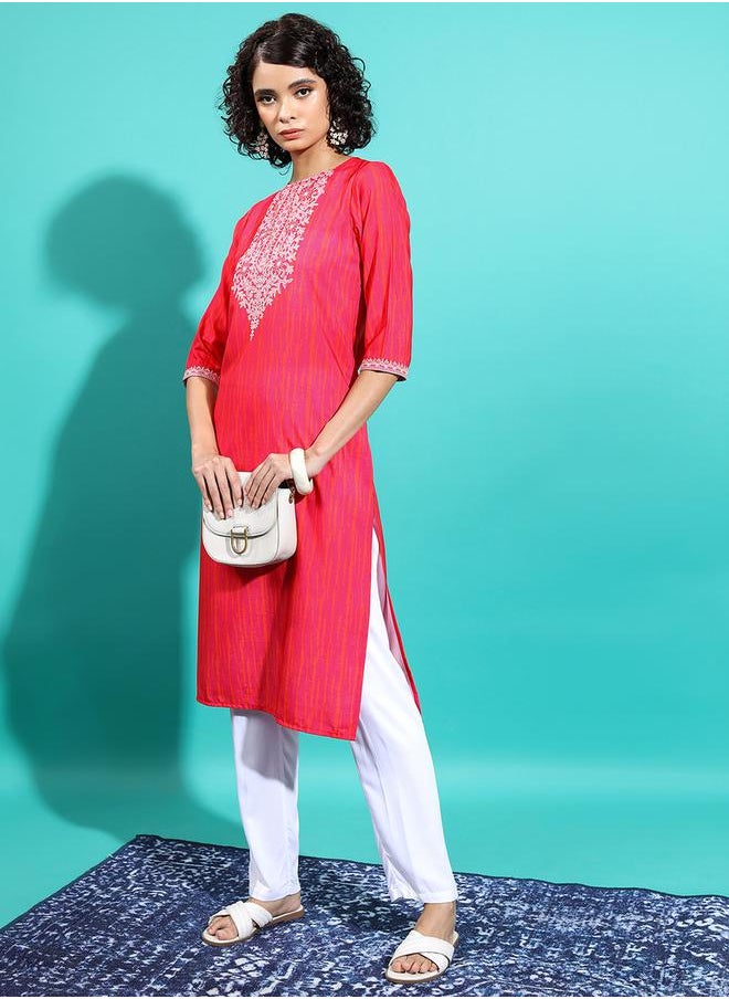 Vishudh Red Geometric Yoke Design Thread Work Kurta by Styli  - Image 4
