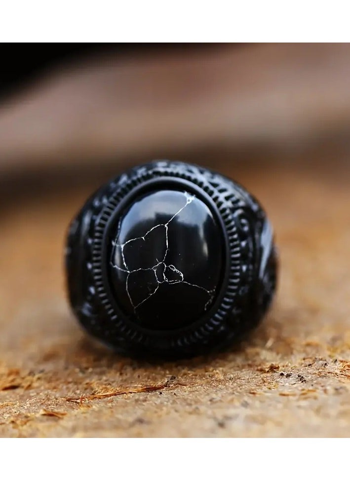 Goolsky 1pc Fashionable Black Carved Pattern Alloy Ring With Tiger Eye Like Synthetic Gems  - Image 3